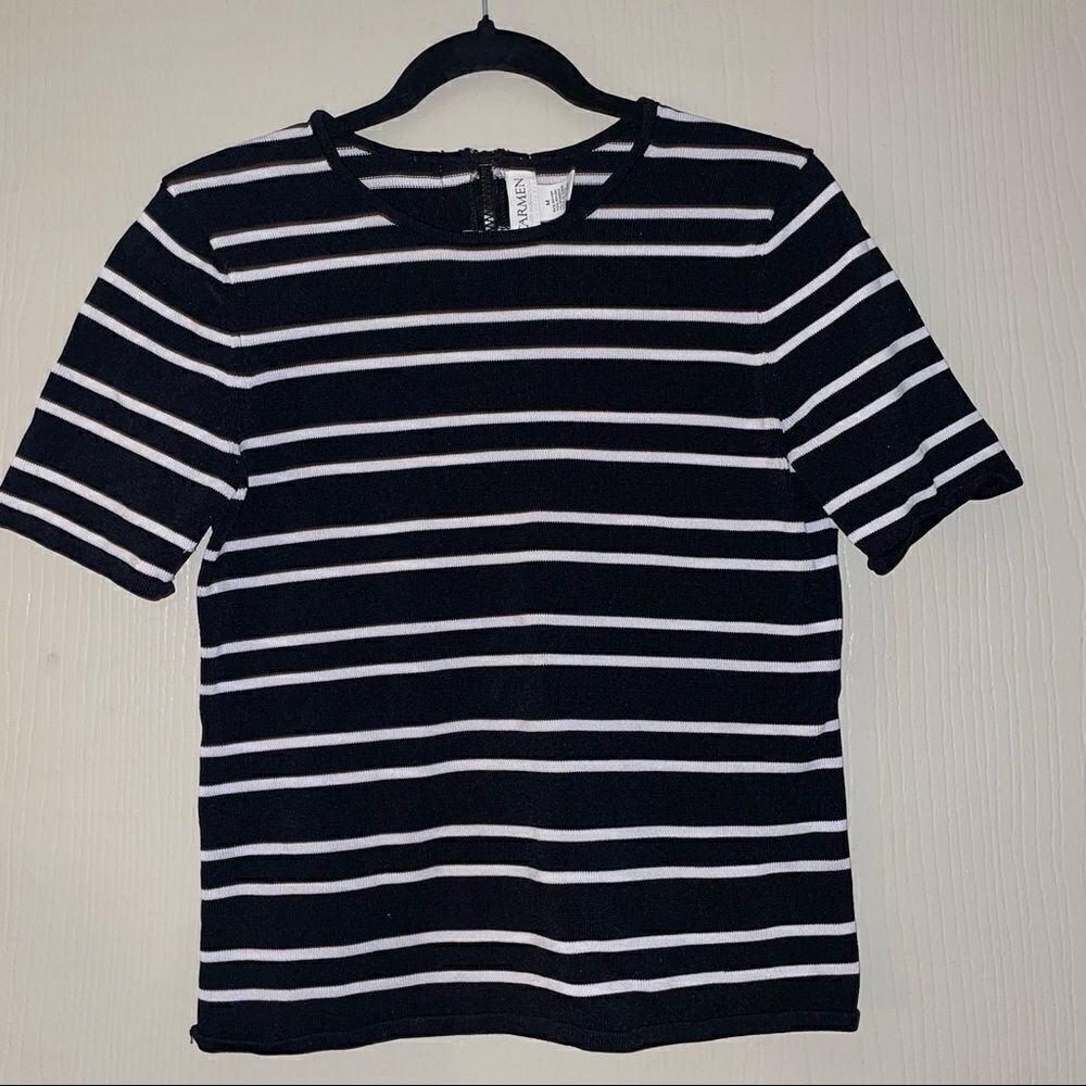 Carmen Marc Valvo Black & White Striped Short Sleeve Knit Top Zipper Back Med - Picture 2 of 7